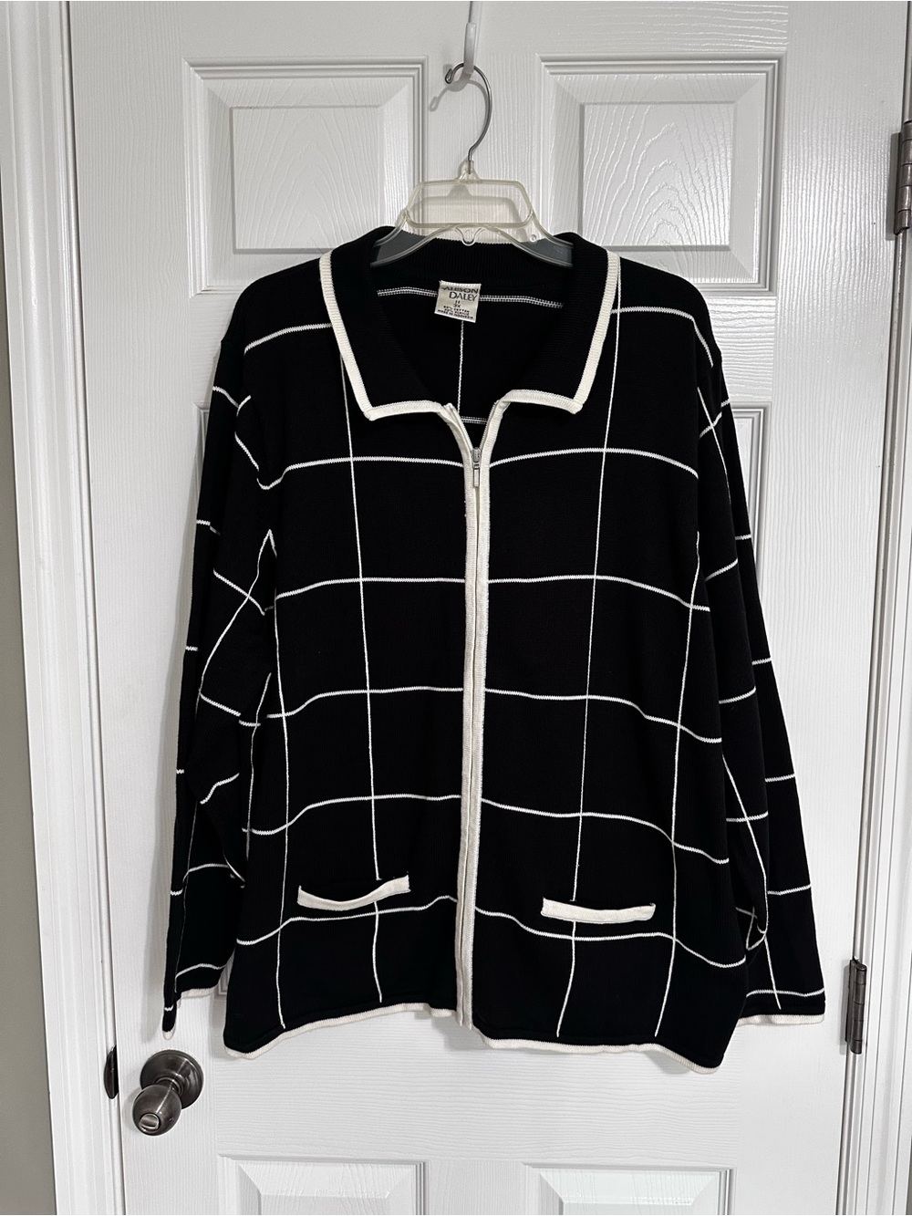 Allison Daley Black Windowpane Zip Cardigan with White Trim